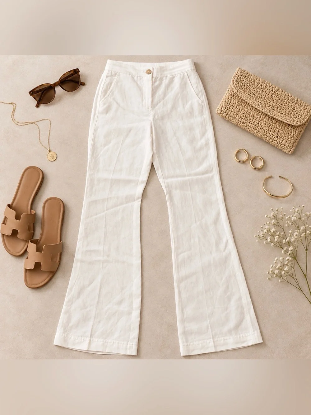 Babaton BWOT White Linen Blend High Rise Flare Wide Leg Trousers Pants Size 0